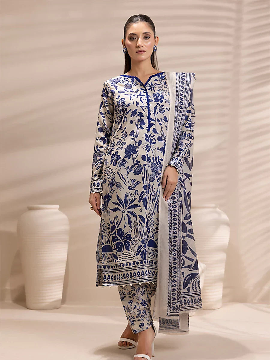 1 & Get 1 Free - 3PC Unstitched Printed Lawn Silk Suit DOS158