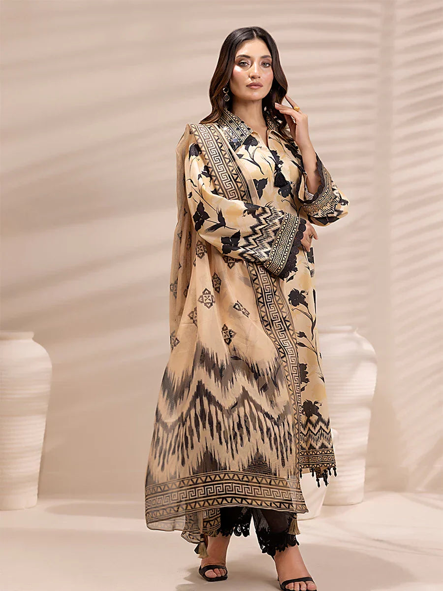 1 & Get 1 Free - 3PC Unstitched Printed Lawn Silk Suit DOS157