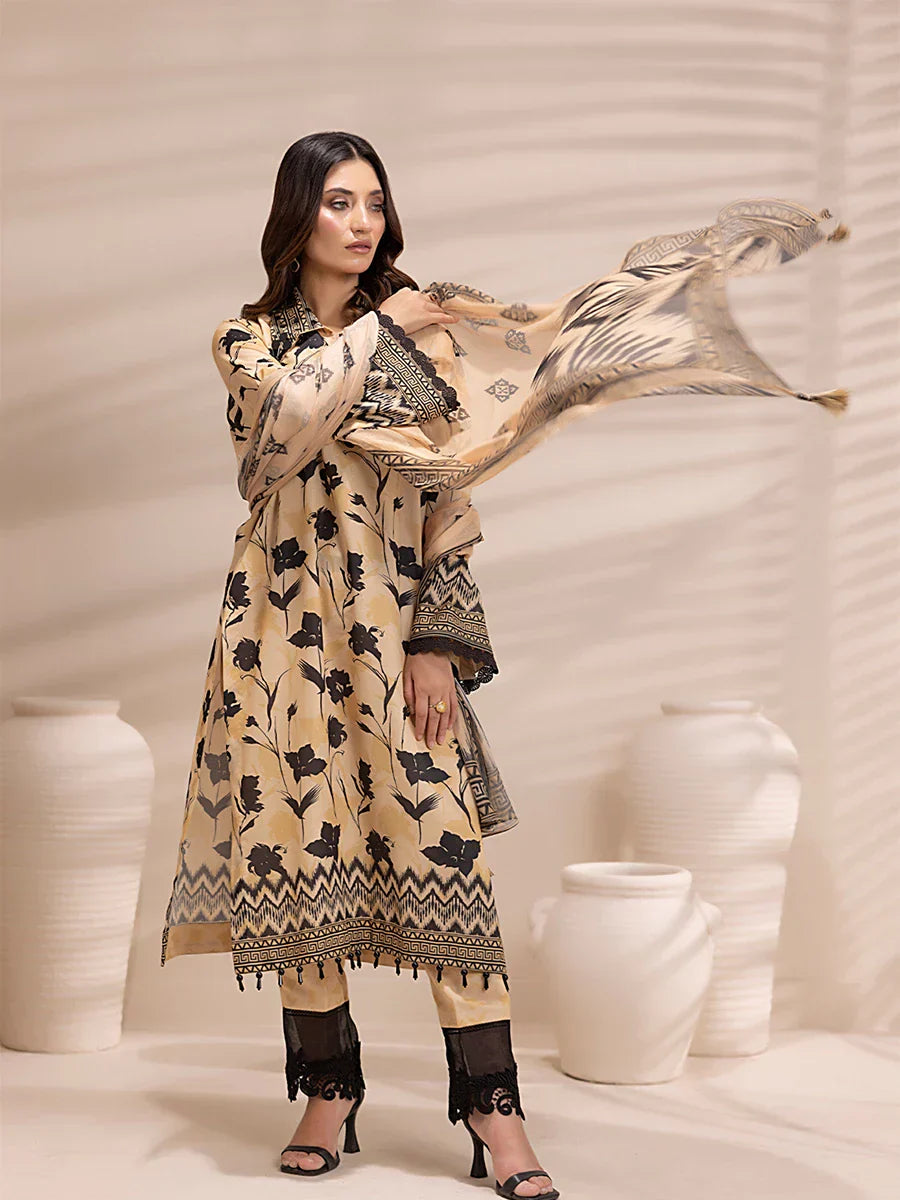 1 & Get 1 Free - 3PC Unstitched Printed Lawn Silk Suit DOS157