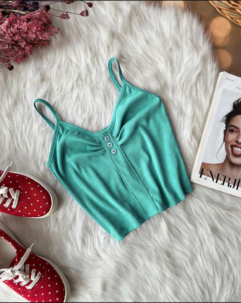 Cotton Ribbed Stretchable Button Style Crop Top Ch 385