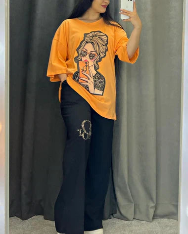 Printed Drop-Shoulder Tee Trousers