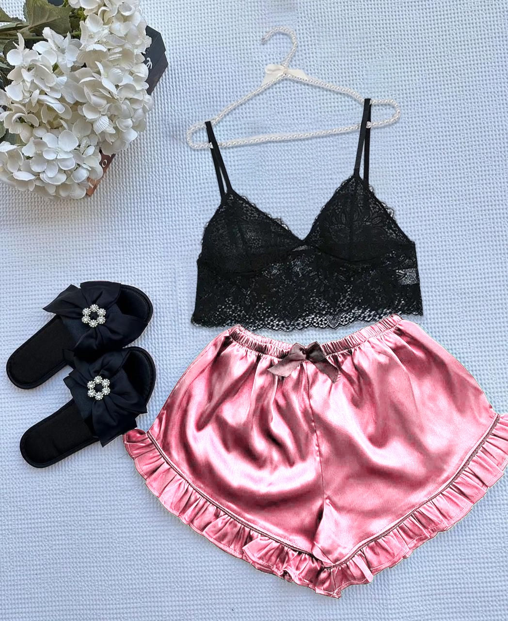 Silk Short With Net Bra Night Wear Set.
