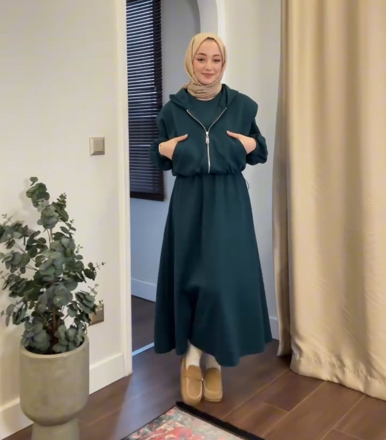 2 Pcs Winter Outfit Long Frock With Upper Fleece Hoodie