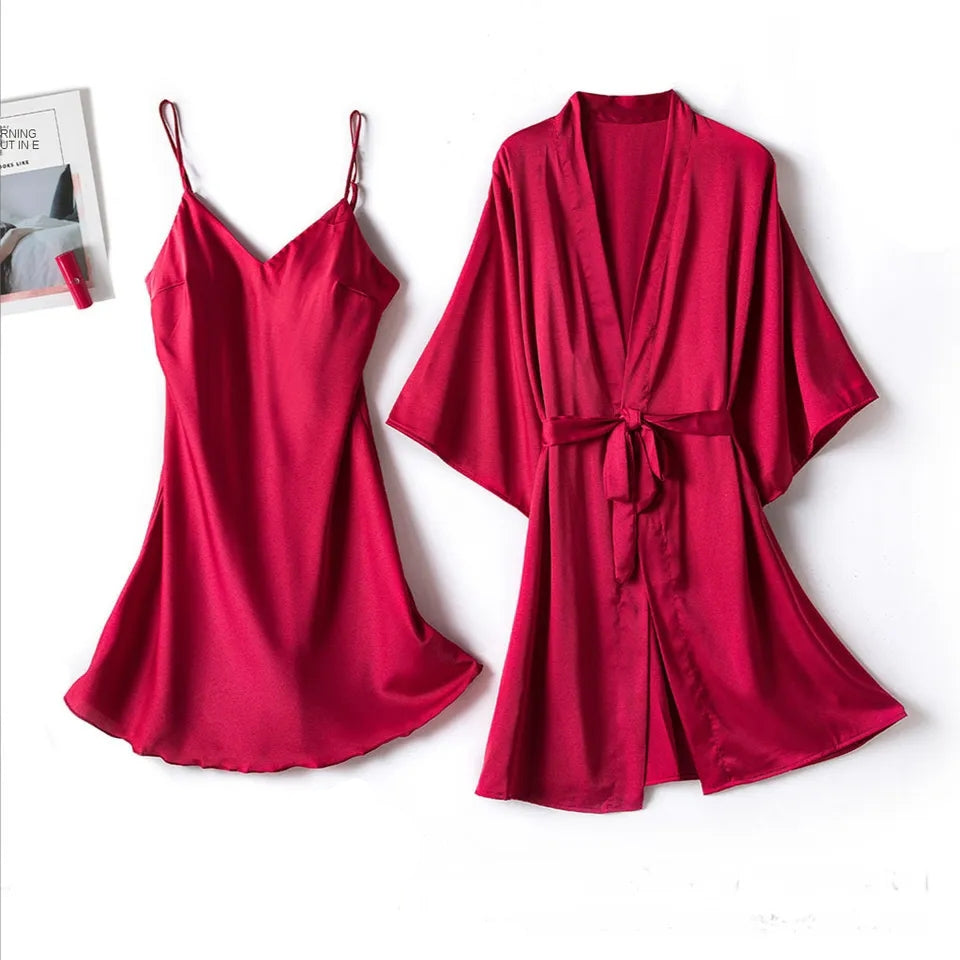Silk Robe With Long Sleeveless Top 2 Pcs Nightwear P-42