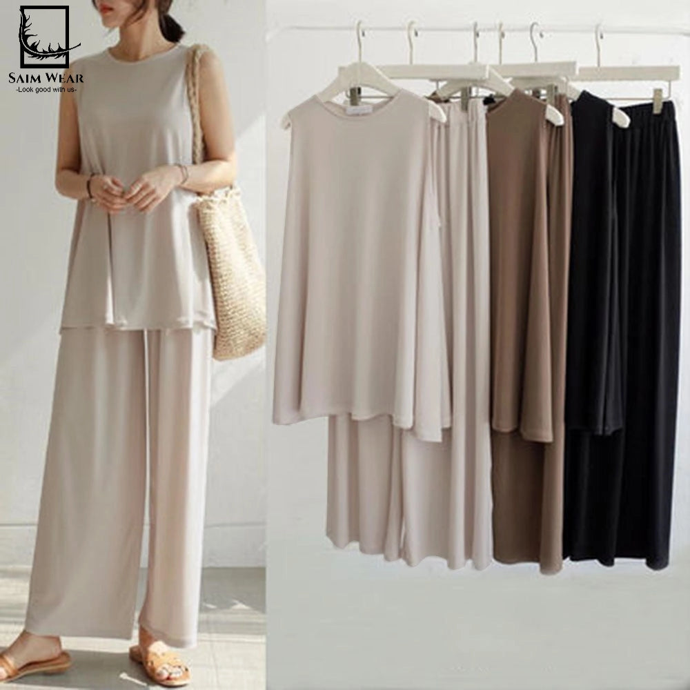2 Pcs Set Casual Trouser Sleeveless Top Comfortable Trouser