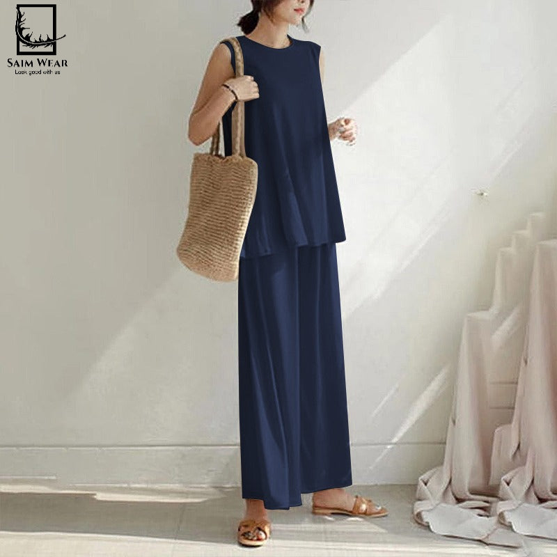 2 Pcs Set Casual Trouser Sleeveless Top Comfortable Trouser