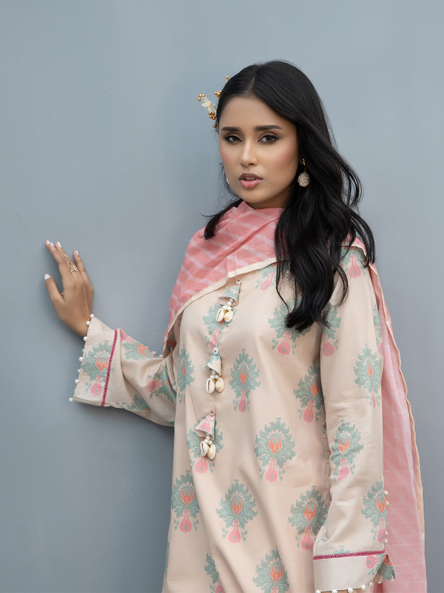 1 & Get 1 Free - 2Pc Printed Cambric Slub Shirt & Lawn Printed Slub Dupatta