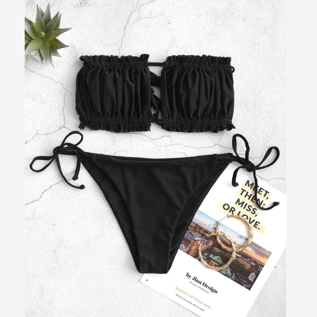 Bikini Set Ruffle Strapless Tie Side Bikini Women High Cut Strapless Low Waisted Bikini