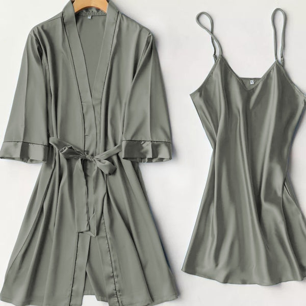 Silk Robe With Long Sleeveless Top 2 Pcs Nightwear