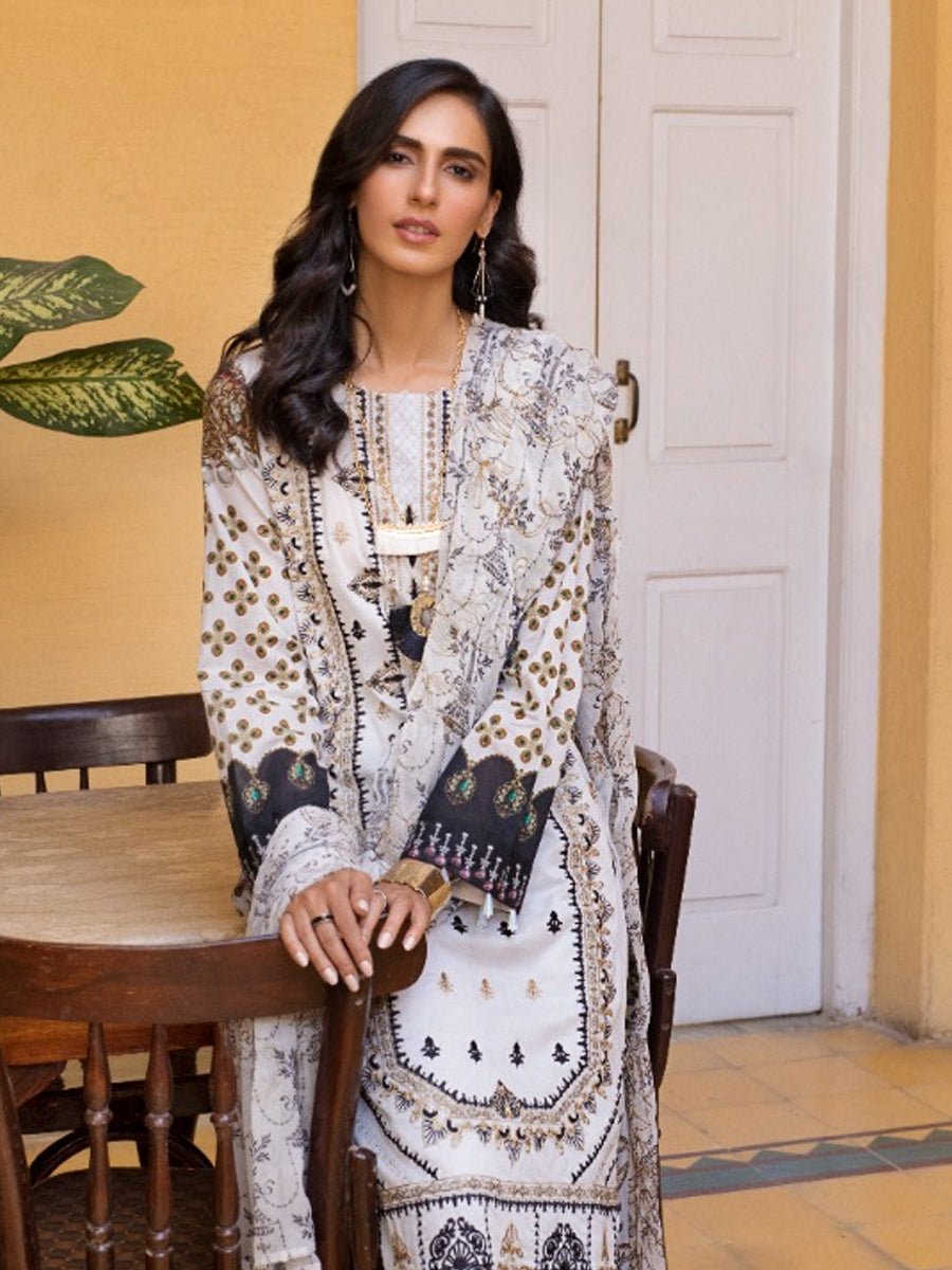 1 & Get 1 Free - Snow White  - Unstitched 3pc Digital Printed Embroidered Lawn with Chiffon Dupatta - Faustina DOS211