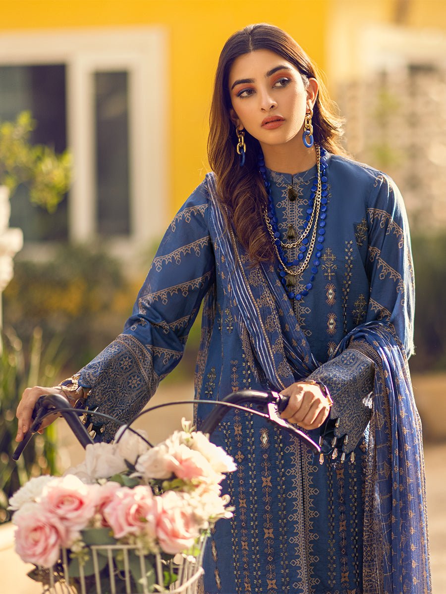 1 & Get 1 Free - Unstitched 3pc - Digital Printed Embroidered Lawn Suit With Printed Chiffon Full Zari Dupatta - Zure DOS301