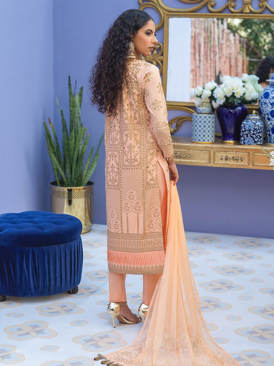 1 & Get 1 Free - Unstitched 3pc - Embroidered Lawn Suit With Mukesh Chiffon Dupatta - Oznur Vol.2 DOS303