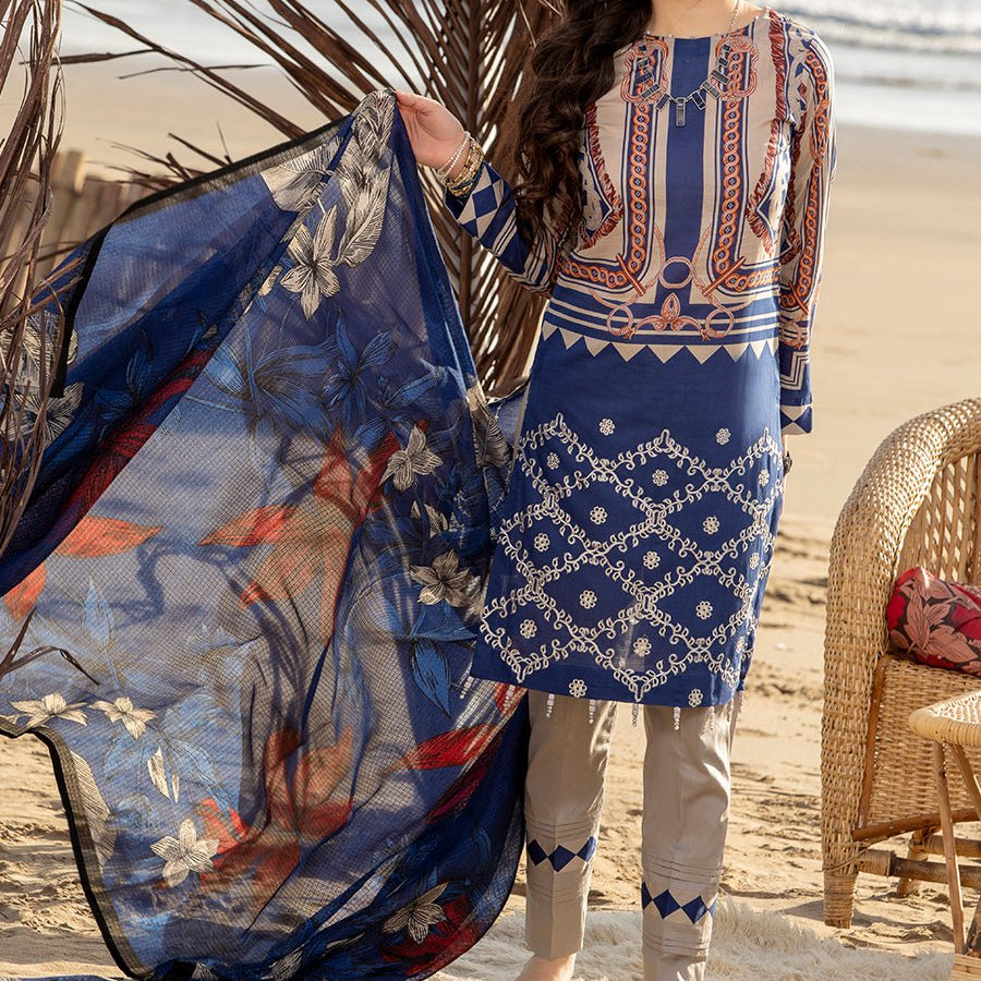 1 & Get 1 Free - Unstitched 3pc Printed Embroidered Lawn Shirt with Chiffon Printed Dupatta DOS307