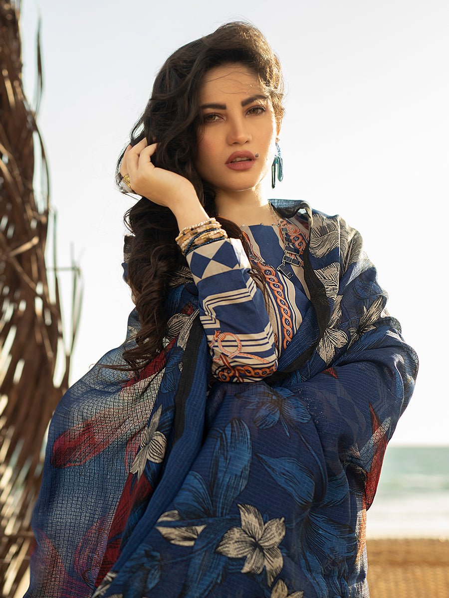 1 & Get 1 Free - Unstitched 3pc Printed Embroidered Lawn Shirt with Chiffon Printed Dupatta DOS307
