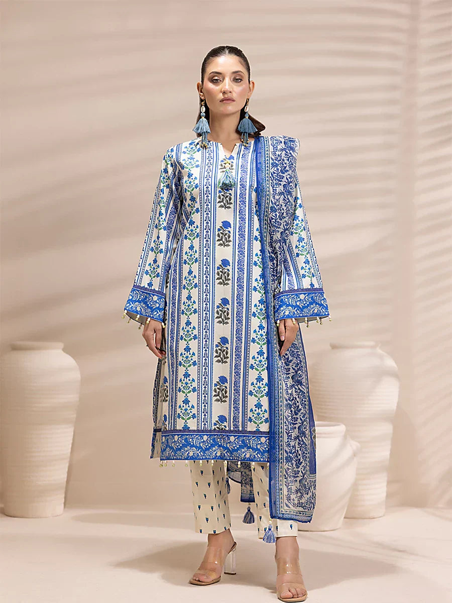 1 & Get 1 Free - 3PC Unstitched Printed Lawn Silk Suit DOS163