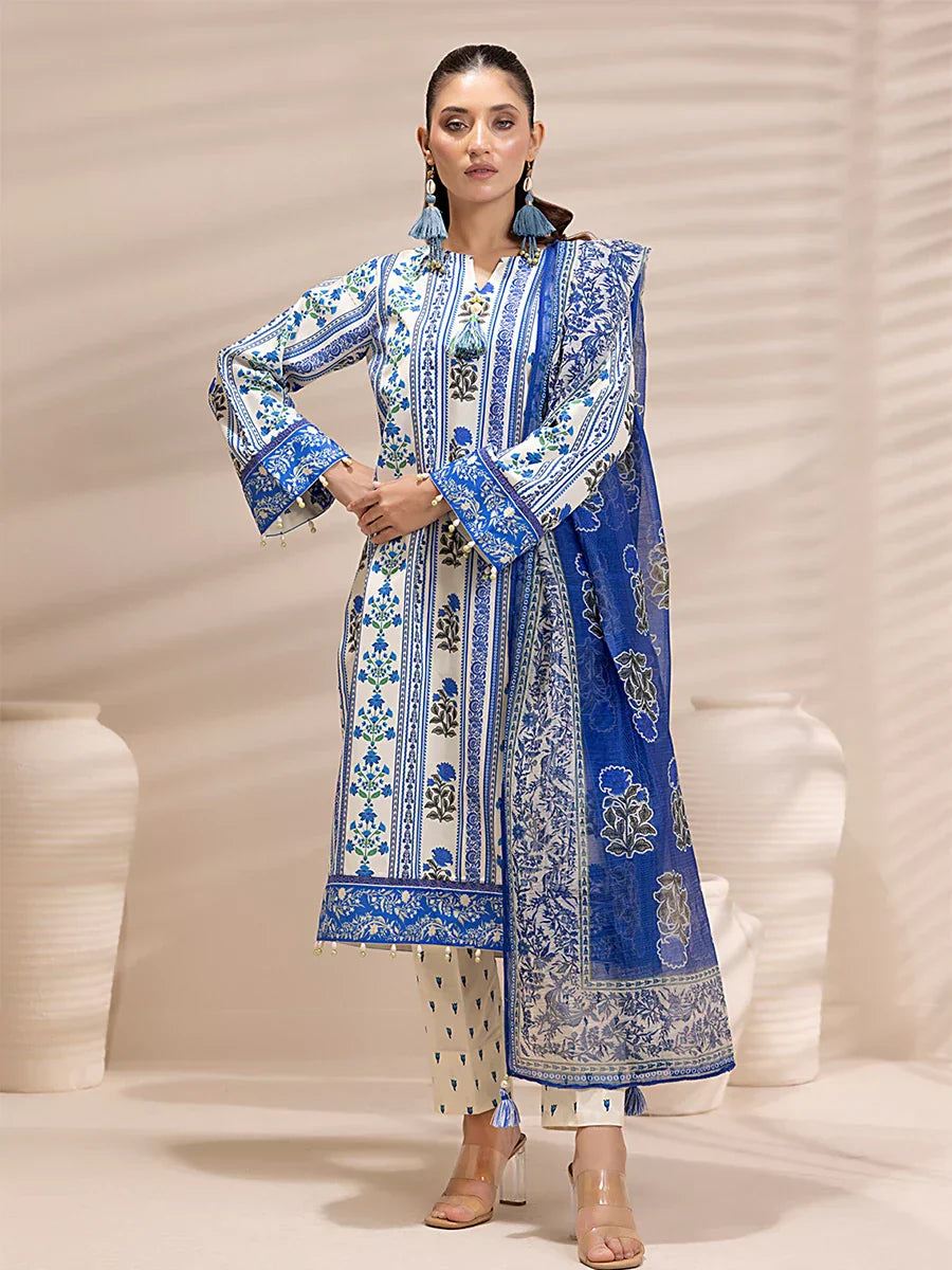 1 & Get 1 Free - 3PC Unstitched Printed Lawn Silk Suit DOS163