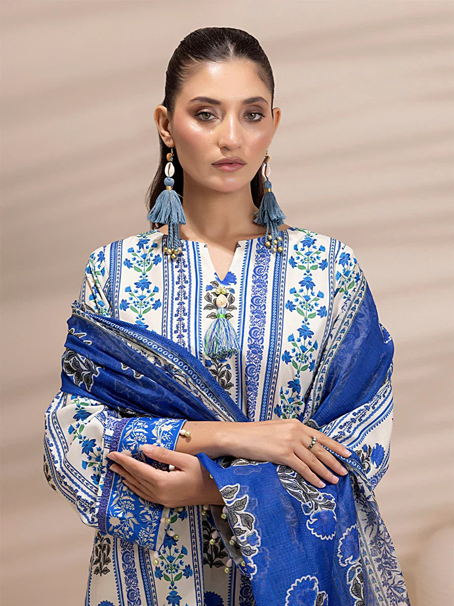 1 & Get 1 Free - 3PC Unstitched Printed Lawn Silk Suit DOS163