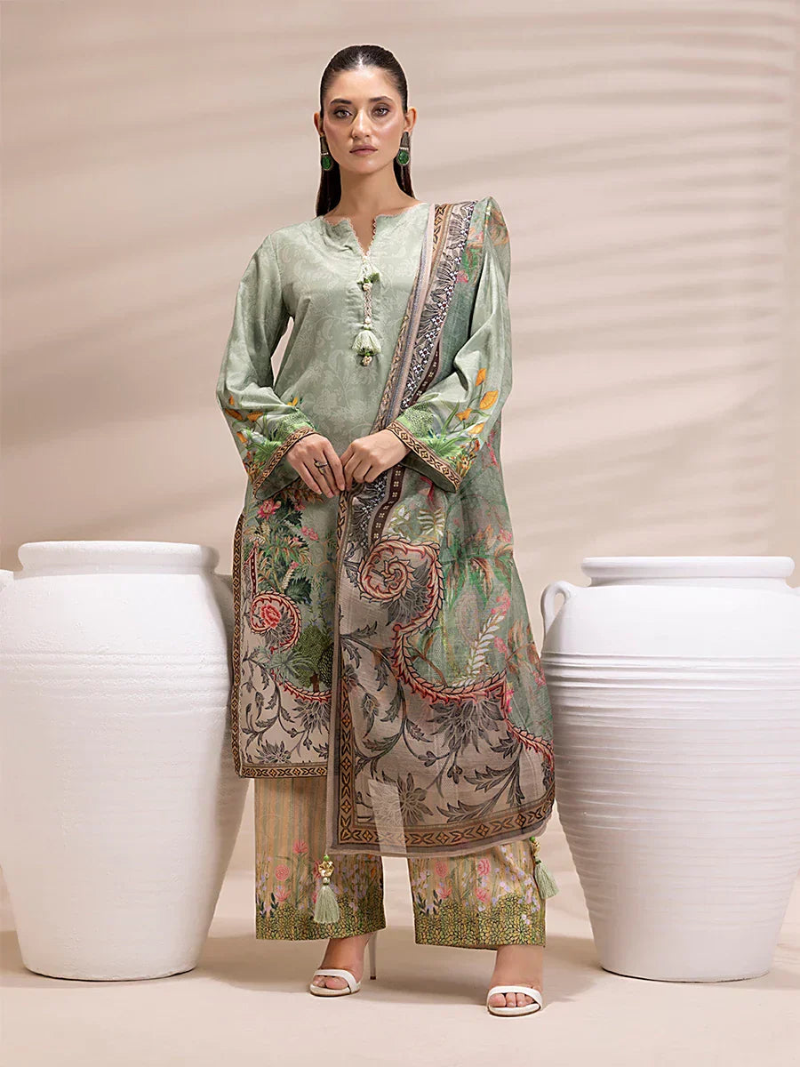 1 & Get 1 Free - 3PC Unstitched Printed Lawn Silk Suit DOS161