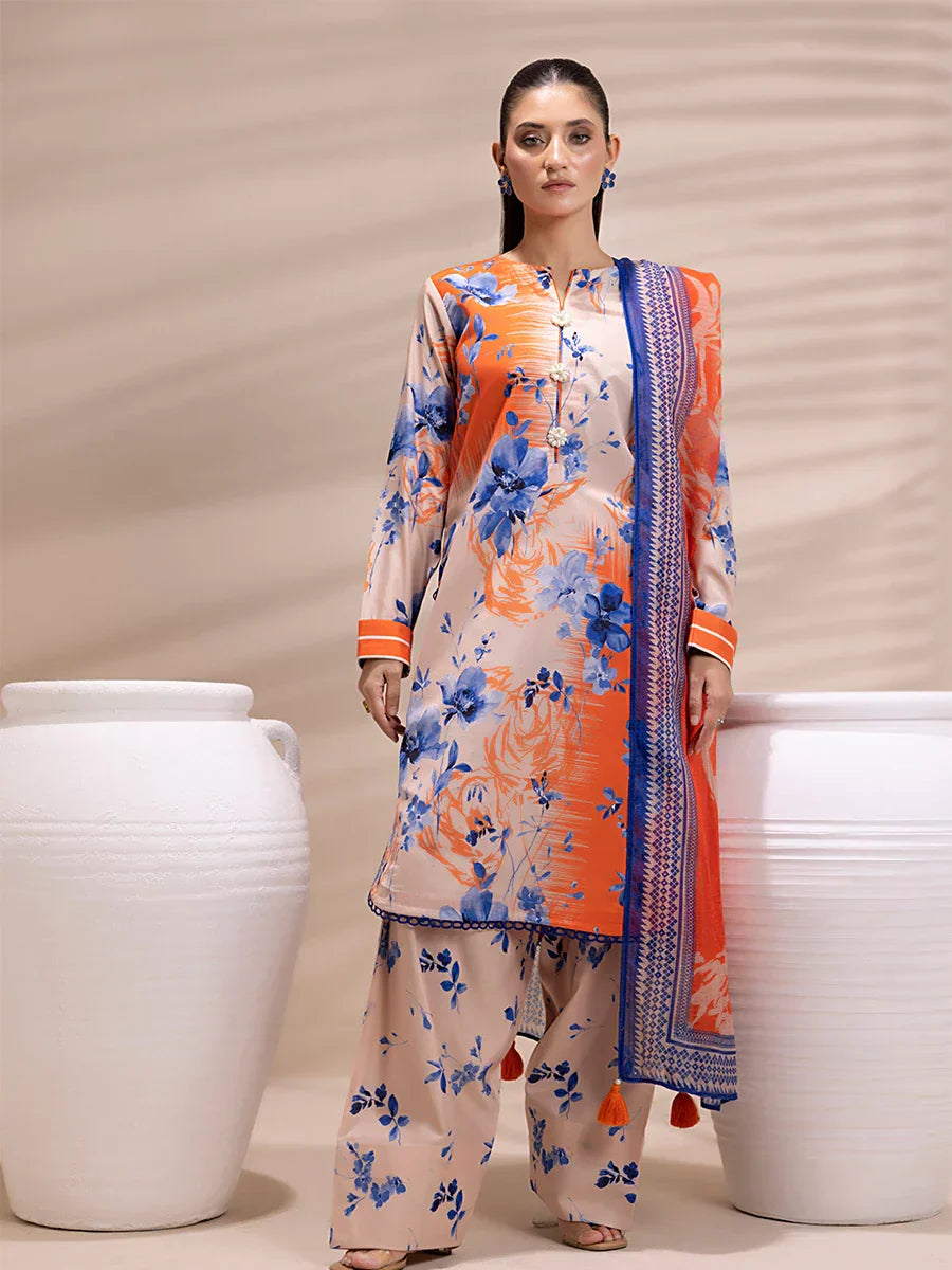1 & Get 1 Free - 3PC Unstitched Printed Lawn Silk Suit DOS160