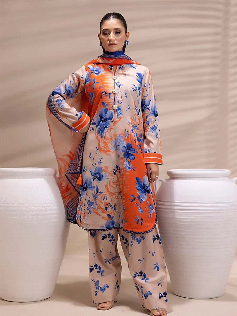1 & Get 1 Free - 3PC Unstitched Printed Lawn Silk Suit DOS160
