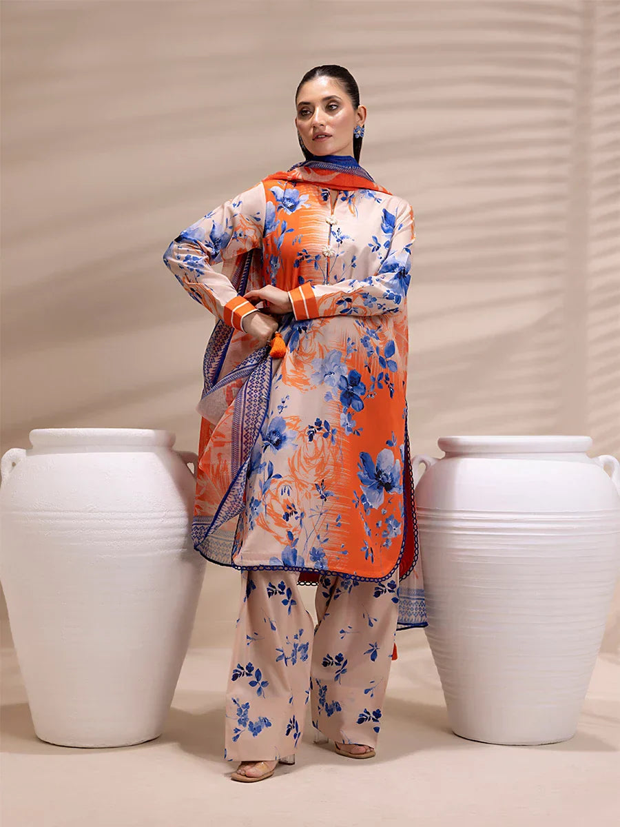 1 & Get 1 Free - 3PC Unstitched Printed Lawn Silk Suit DOS160