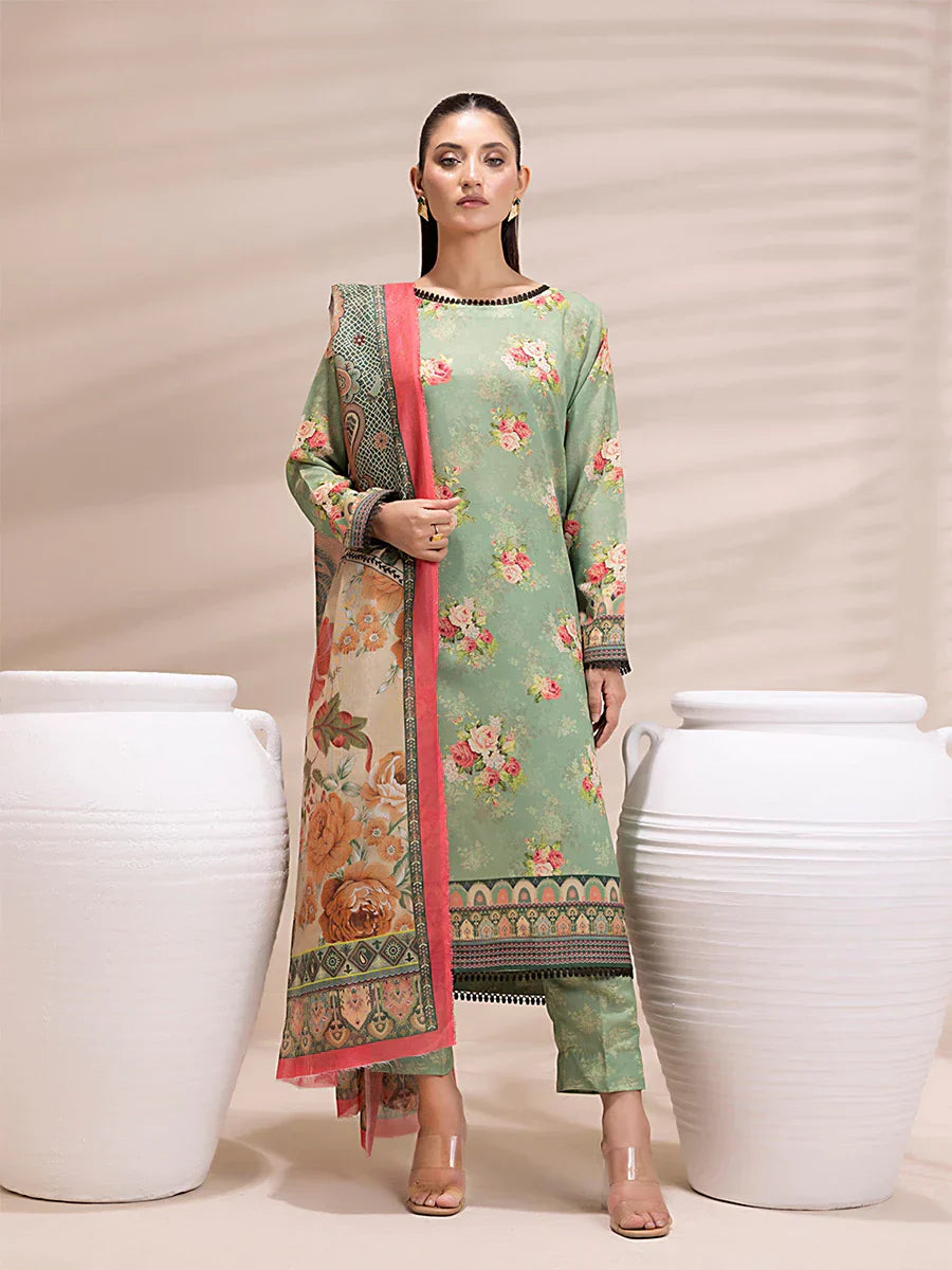 1 & Get 1 Free - 3PC Unstitched Printed Lawn Silk Suit DOS159