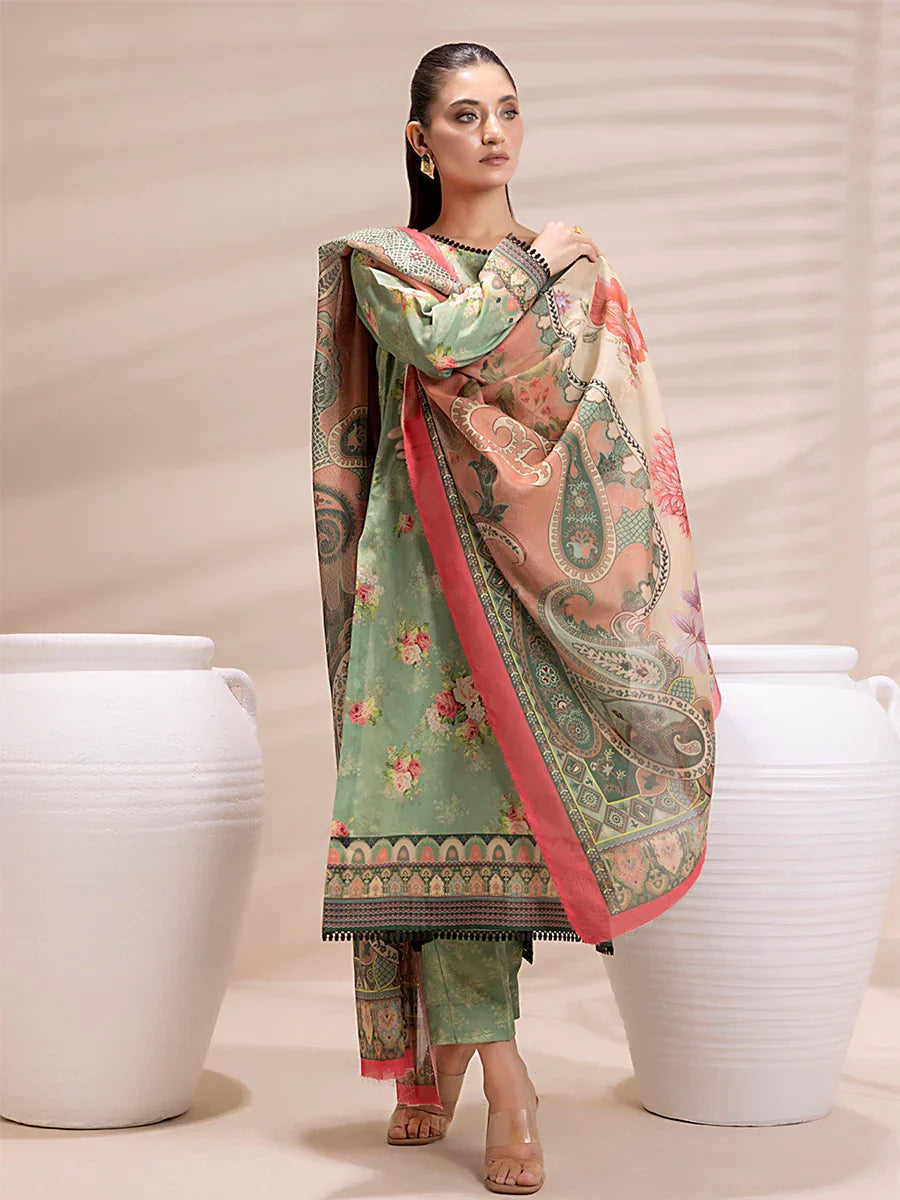 1 & Get 1 Free - 3PC Unstitched Printed Lawn Silk Suit DOS159