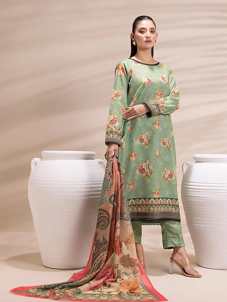 1 & Get 1 Free - 3PC Unstitched Printed Lawn Silk Suit DOS159