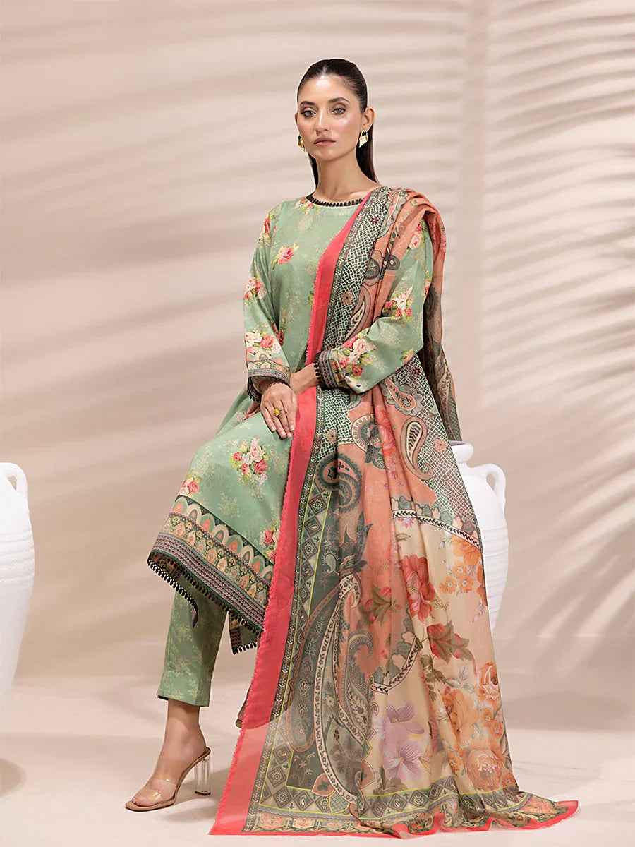1 & Get 1 Free - 3PC Unstitched Printed Lawn Silk Suit DOS159