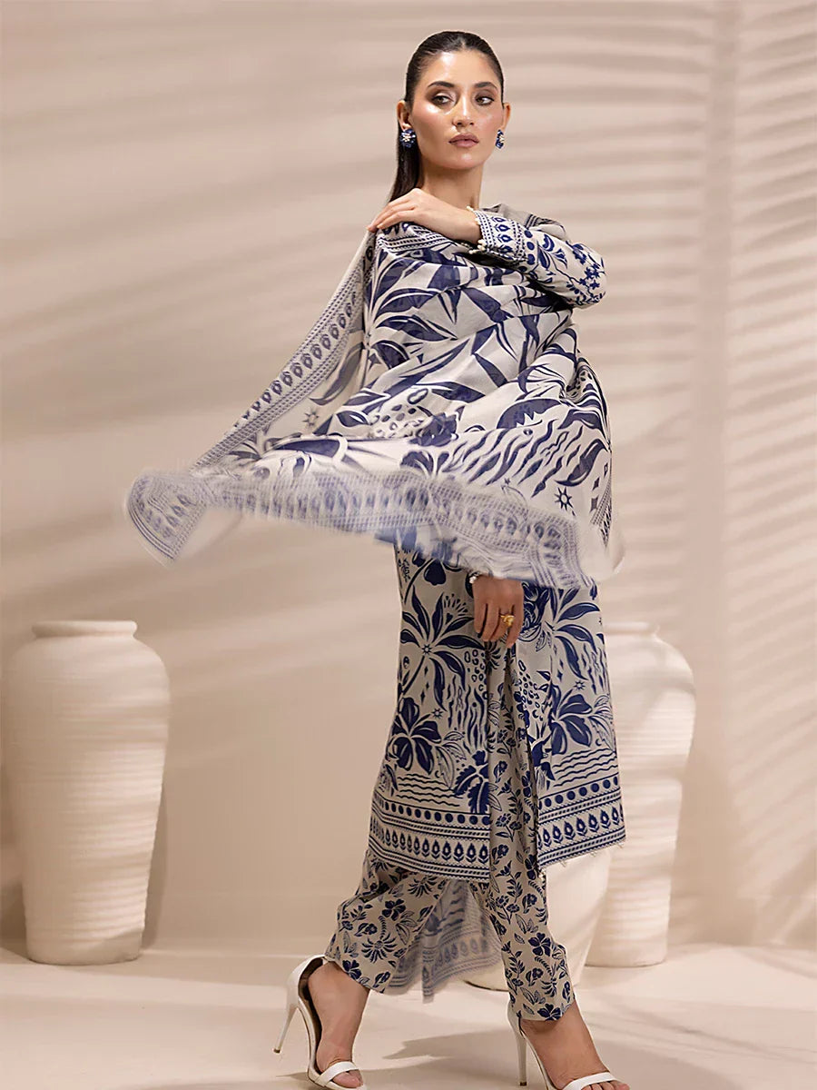 1 & Get 1 Free - 3PC Unstitched Printed Lawn Silk Suit DOS158