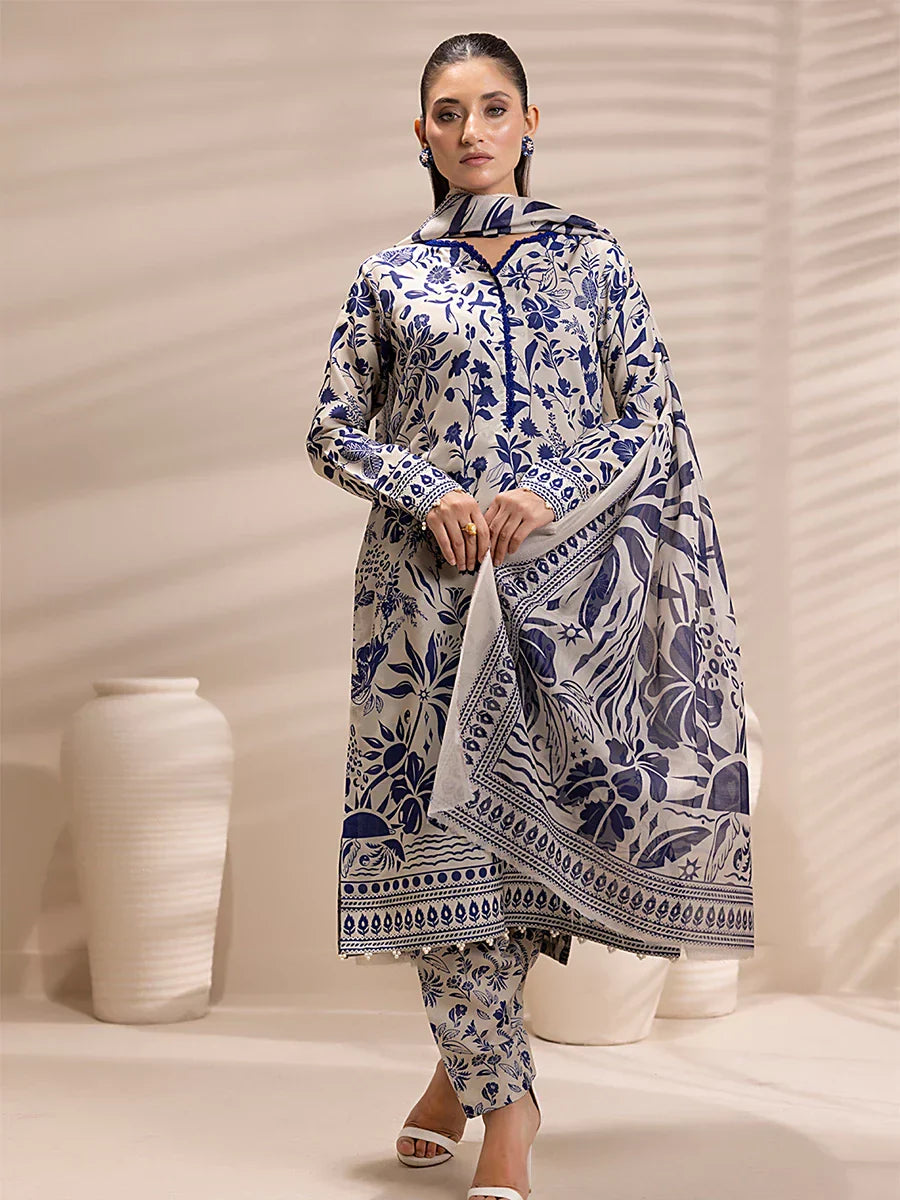 1 & Get 1 Free - 3PC Unstitched Printed Lawn Silk Suit DOS158
