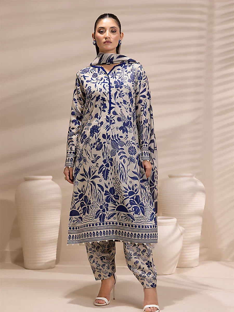 1 & Get 1 Free - 3PC Unstitched Printed Lawn Silk Suit DOS158