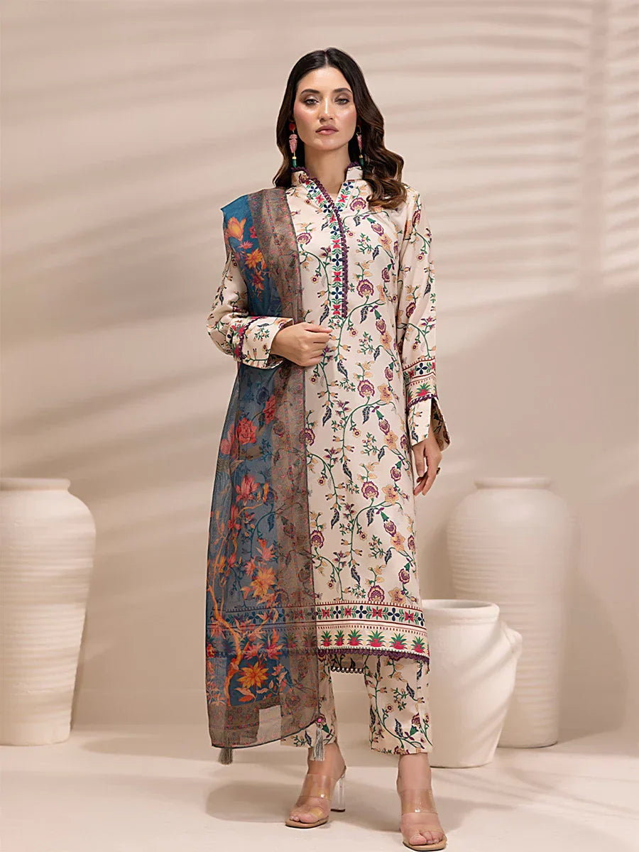 1 & Get 1 Free - 3PC Unstitched Printed Lawn Silk Suit DOS156