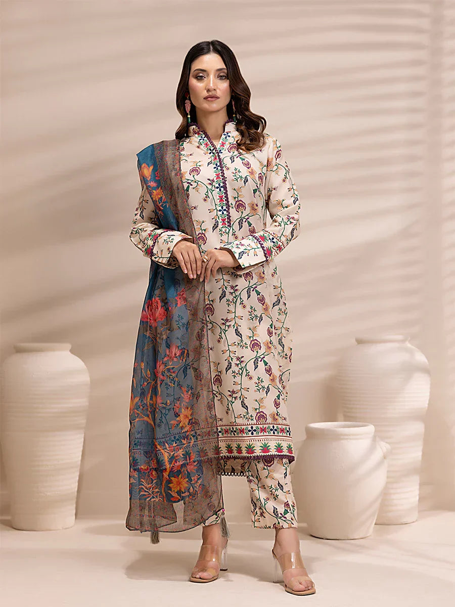 1 & Get 1 Free - 3PC Unstitched Printed Lawn Silk Suit DOS156