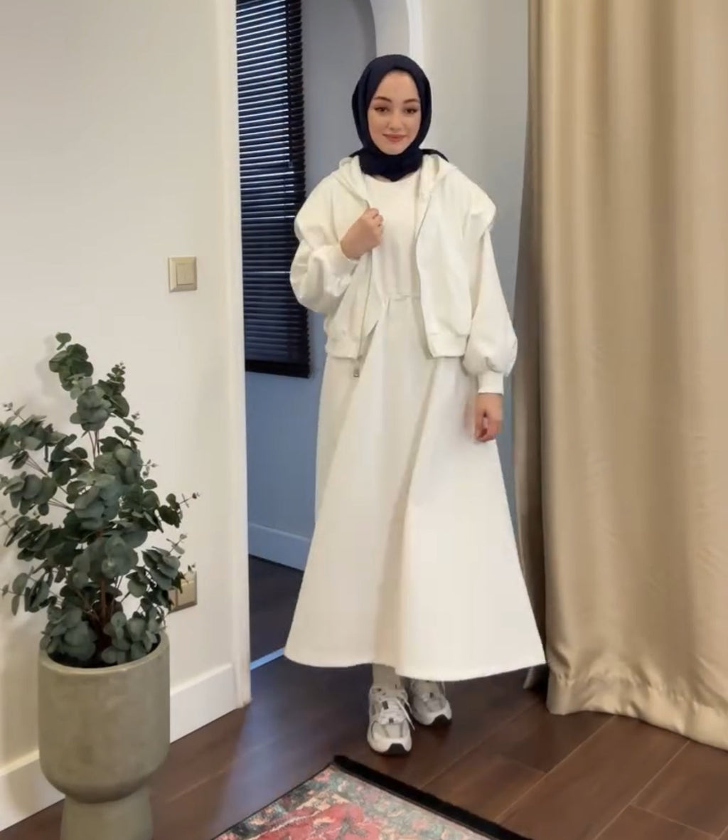 2 Pcs Winter Outfit Long Frock With Upper Fleece Hoodie