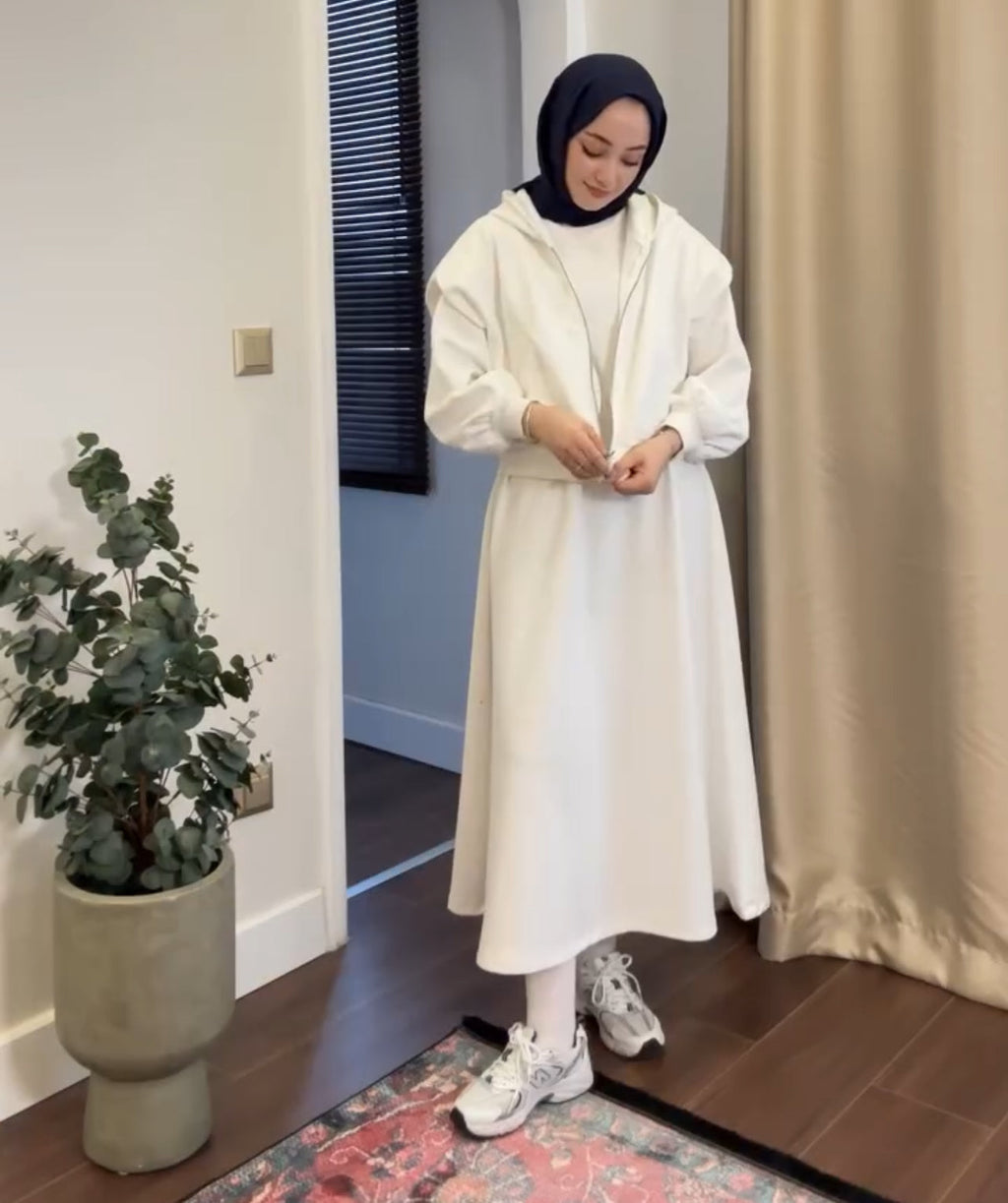 2 Pcs Winter Outfit Long Frock With Upper Fleece Hoodie