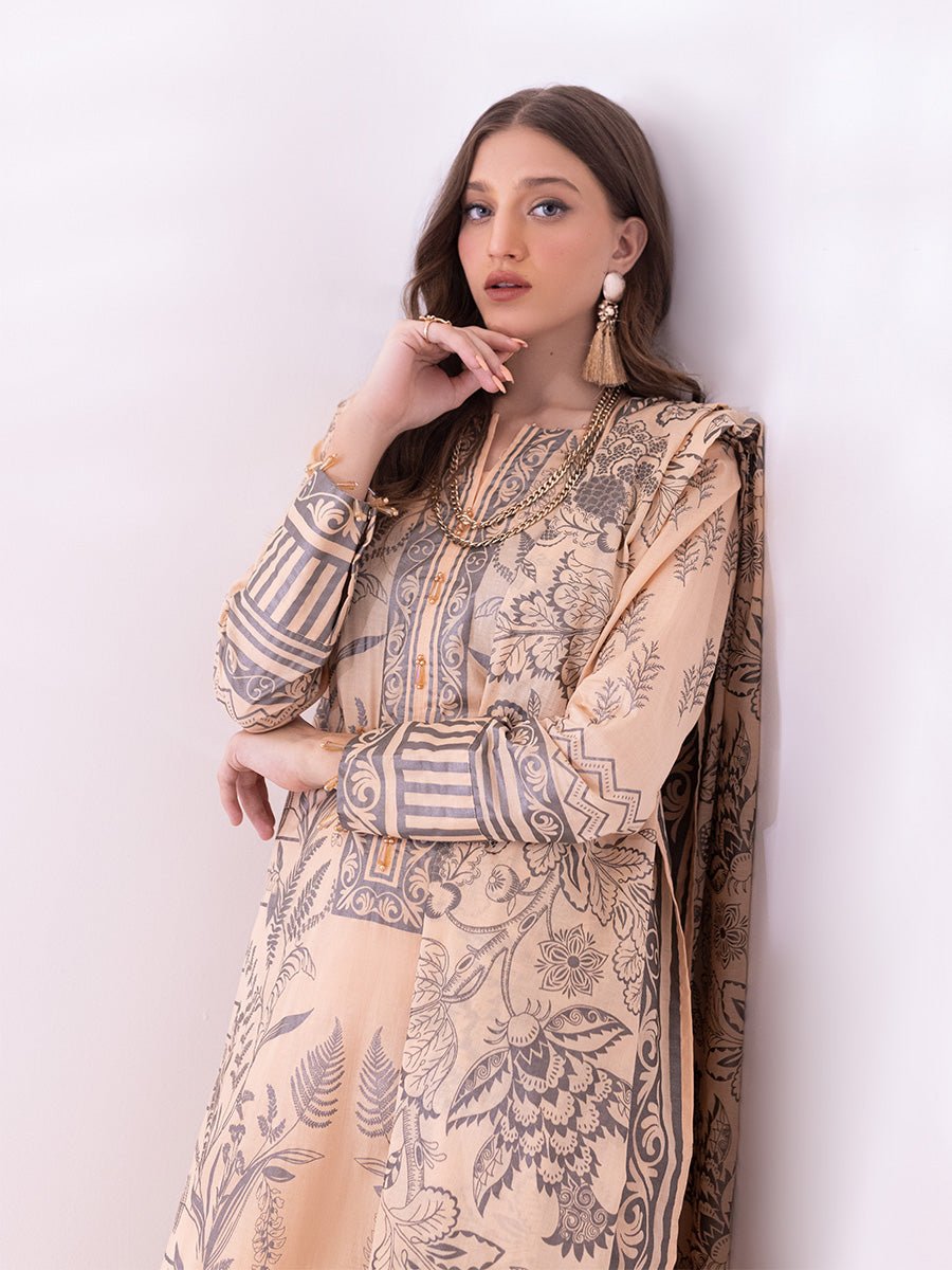 1 & Get 1 Free - 3pc Unstitched- Paste Printed Lawn Suit DOS204