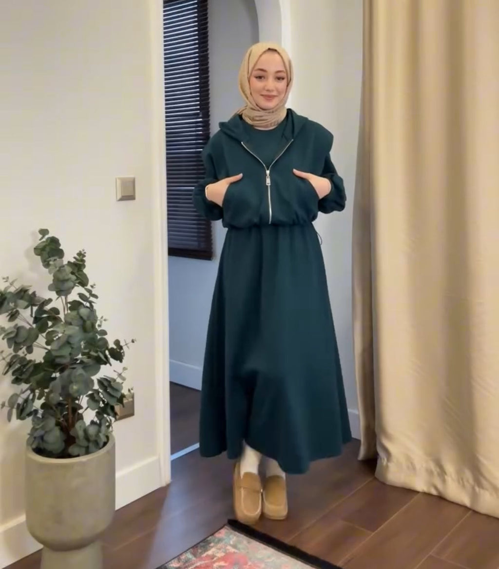 2 Pcs Winter Outfit Long Frock With Upper Fleece Hoodie