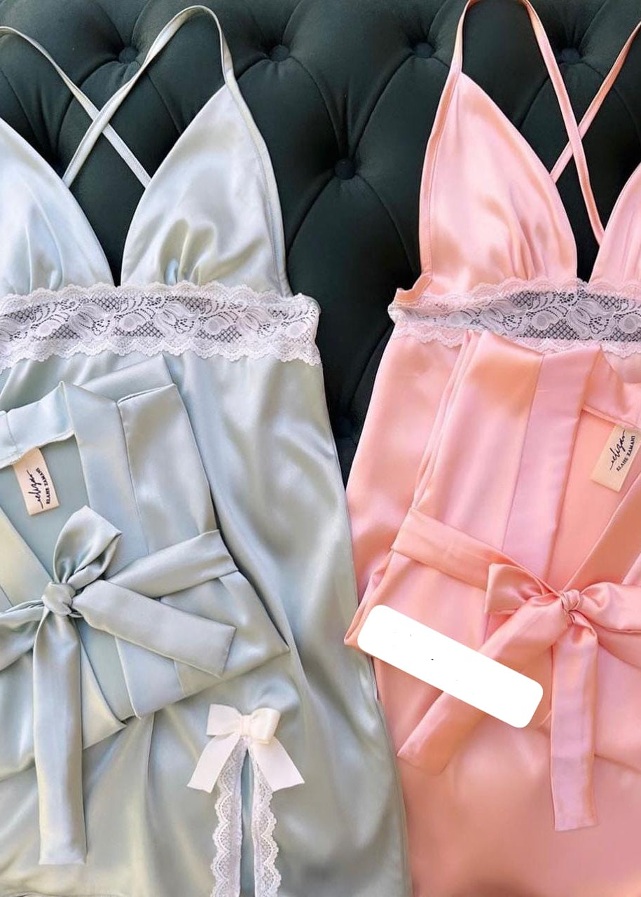 Silk Robe With Long Sleeveless Top 2 Pcs Nightwear P-70