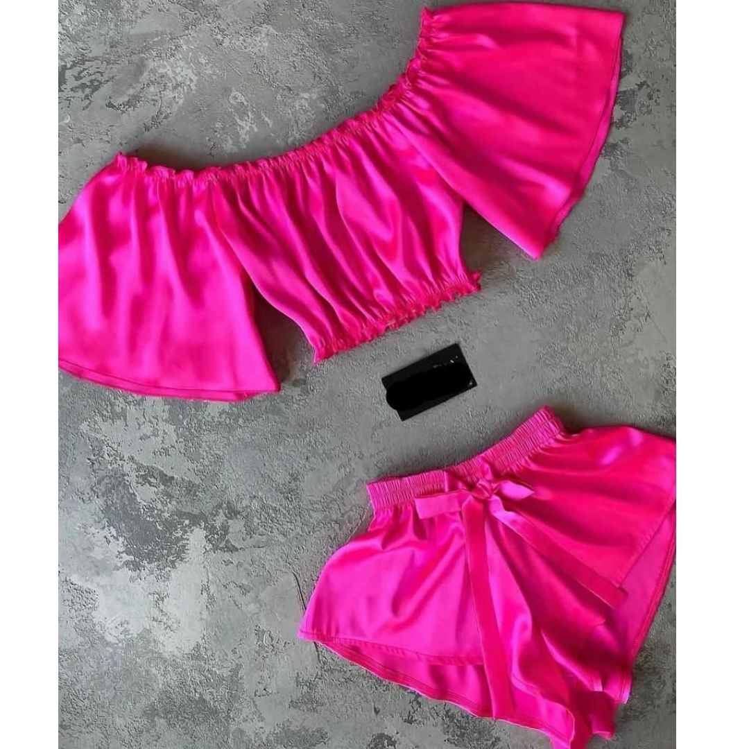 Square Neck Off-Shoulder Blouse With Elastic Shorts