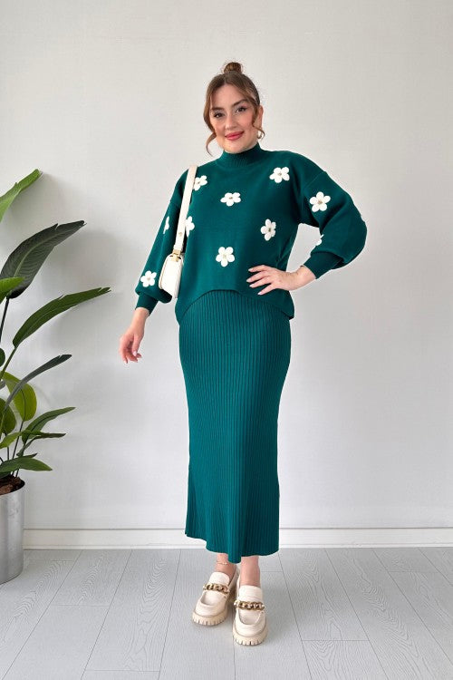 Flowers Printed Stretchable Ribbed Fleece Dress