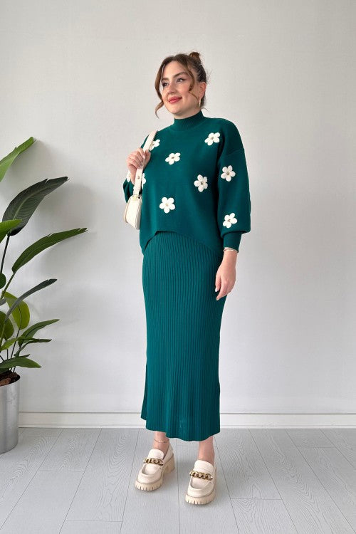 Flowers Printed Stretchable Ribbed Fleece Dress