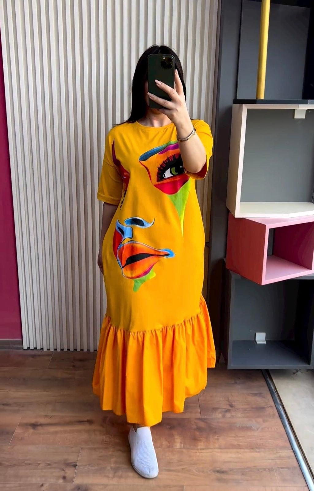 Face Printed Long Frill Top