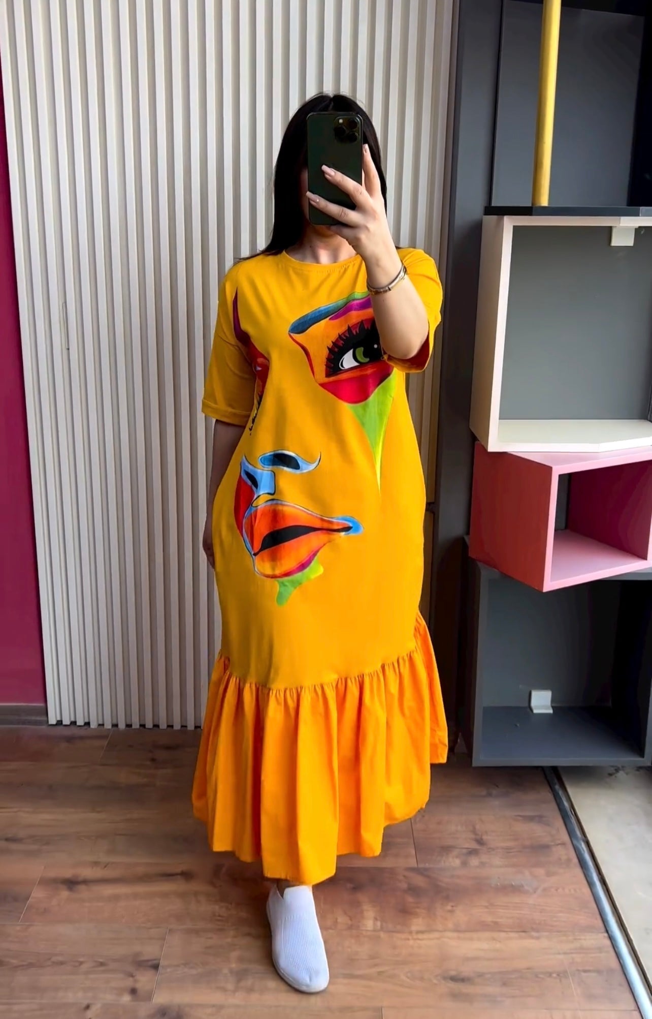 Face Printed Long Frill Top