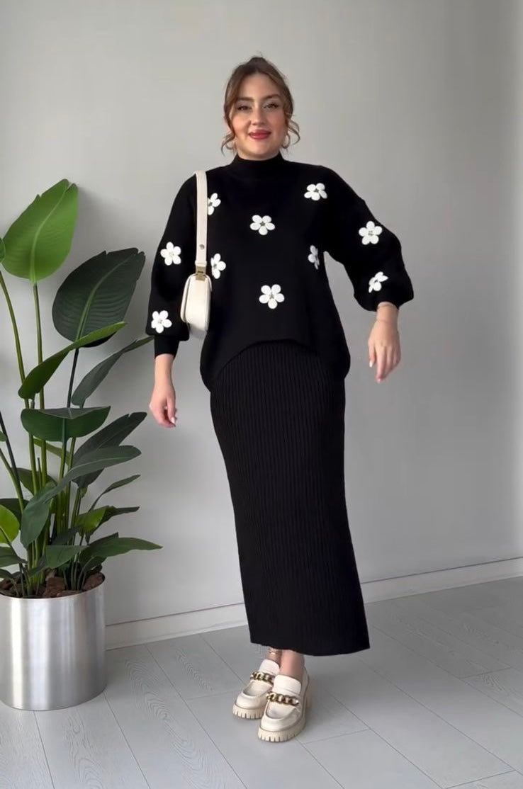 Flowers Printed Stretchable Ribbed Fleece Dress