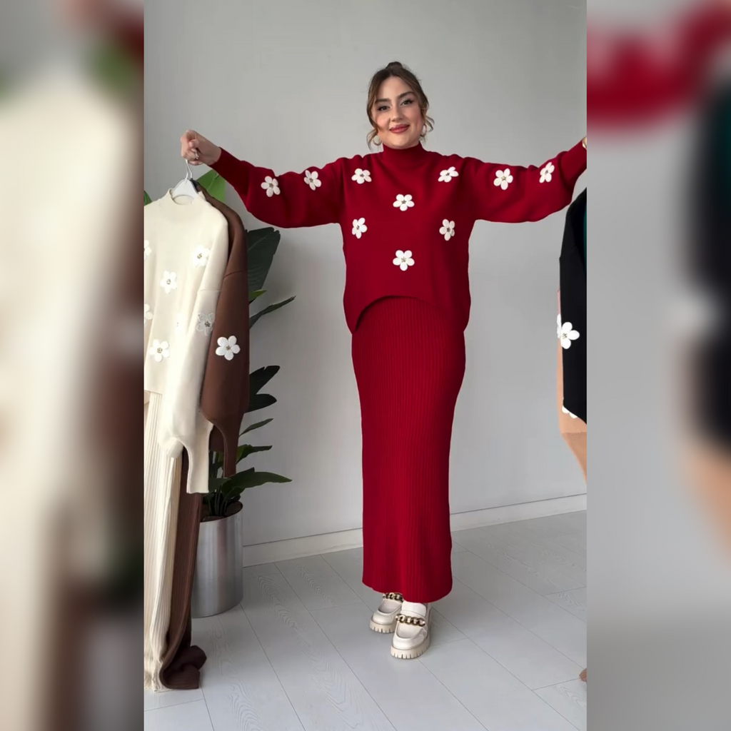 Flowers Printed Stretchable Ribbed Fleece Dress