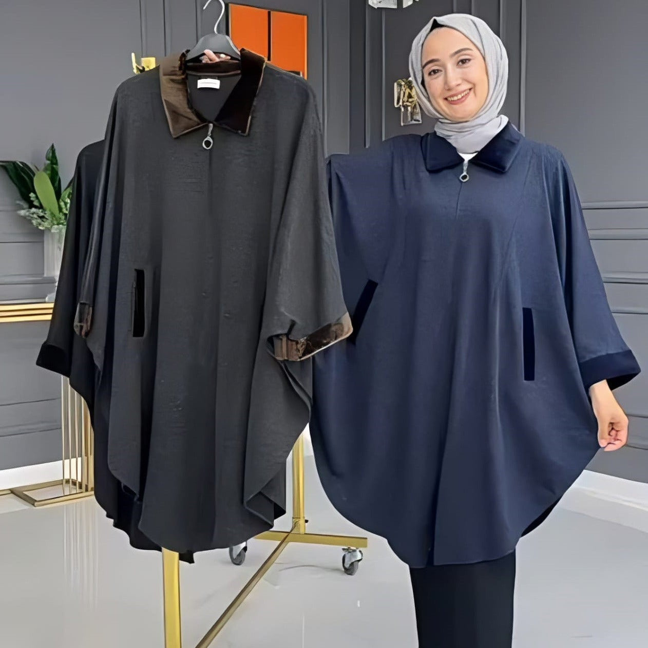 Zipper Shawl Ponchos With Cozy Neck CH 389