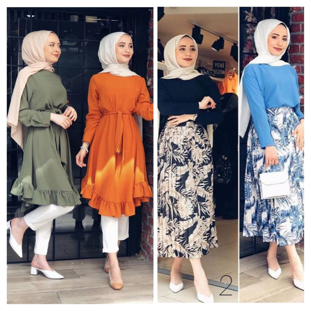 Pack Of 4 New Style Turkish Long Abaya With Scarf Chiffon Spliced Ruched Long Sleeve