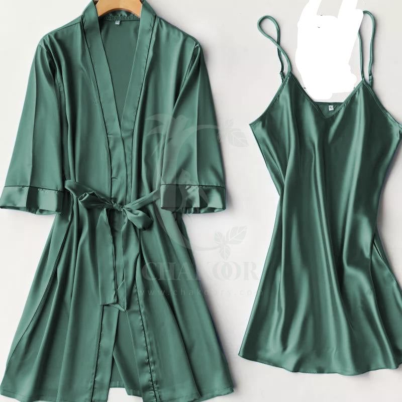 Silk Robe With Long Sleeveless Top 2 Pcs Nightwear