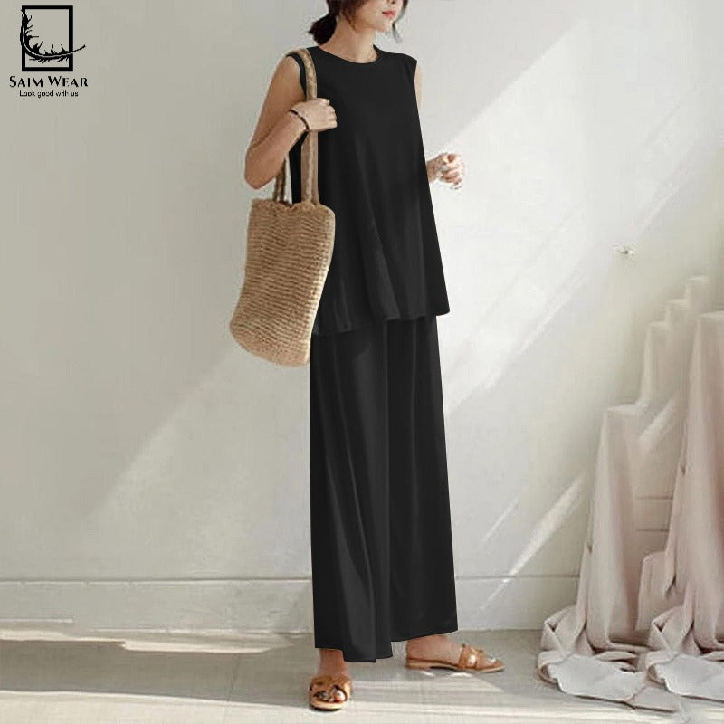 2 Pcs Set Casual Trouser Sleeveless Top Comfortable Trouser